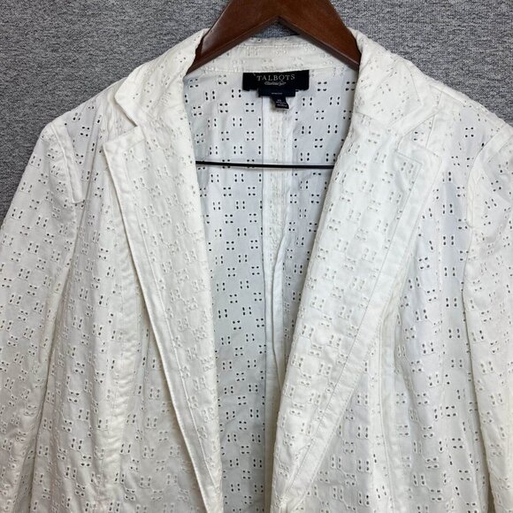 Talbots Blazer Jacket Women Size 10 White Stretch Embroidered Eyelet One Button - Picture 3 of 15